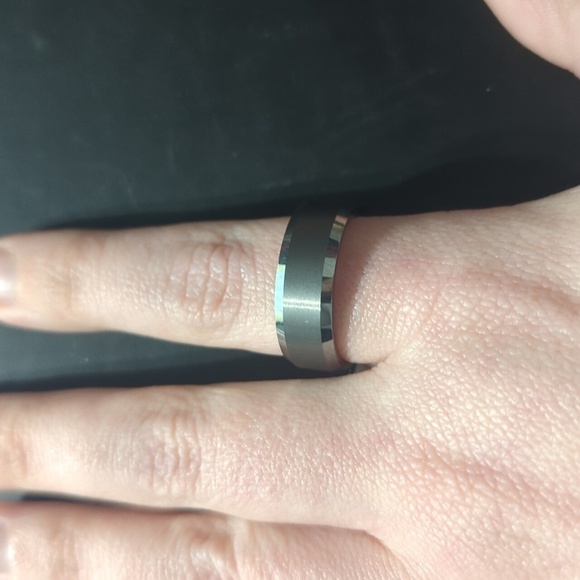 Brushed Tungsten Carbide Ring With Polished Stepped Edges - size 9.5